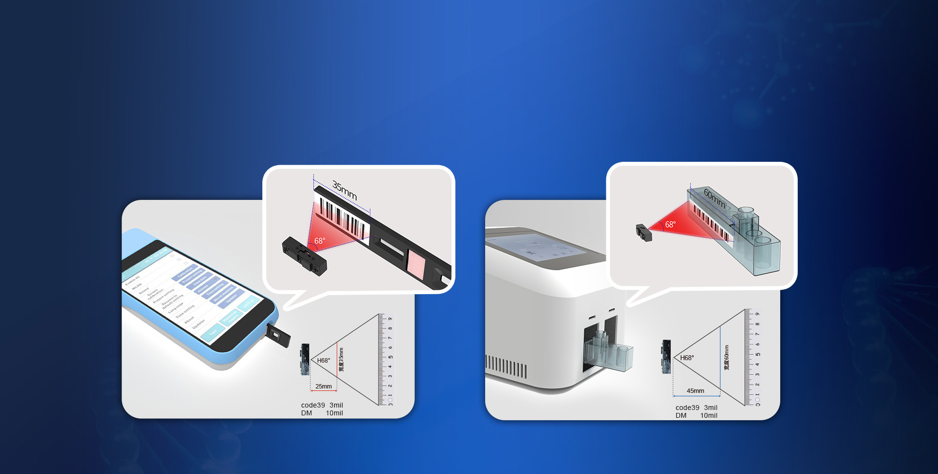 大視場角：水平68°，垂直51°
近距25mm可讀取35mm寬條碼